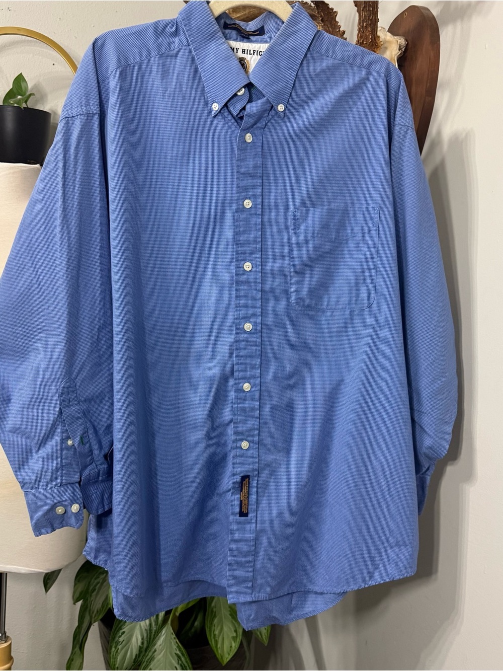 Tommy Hilfiger Men’s 17 32-33 Blue Micro Check Button Down Dress Shirt Cotton